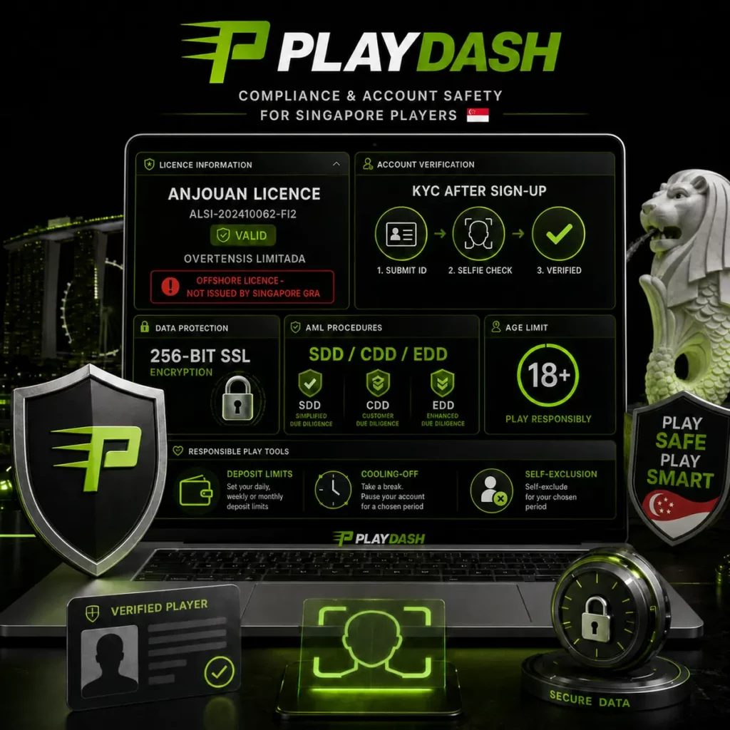 PlayDash Singapore Anjouan licence, KYC, SSL security and responsible gambling tools