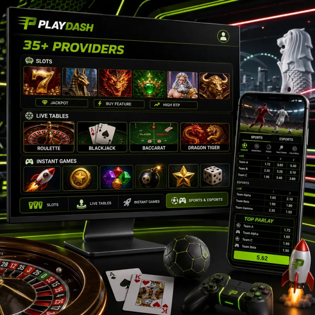 PlayDash casino slots, live tables, instant games, sports and esports markets