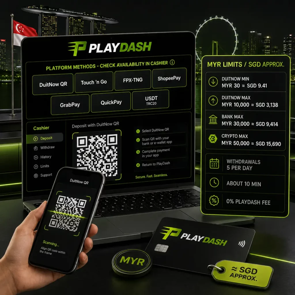 PlayDash Singapore payment methods with MYR limits and approximate SGD conversions